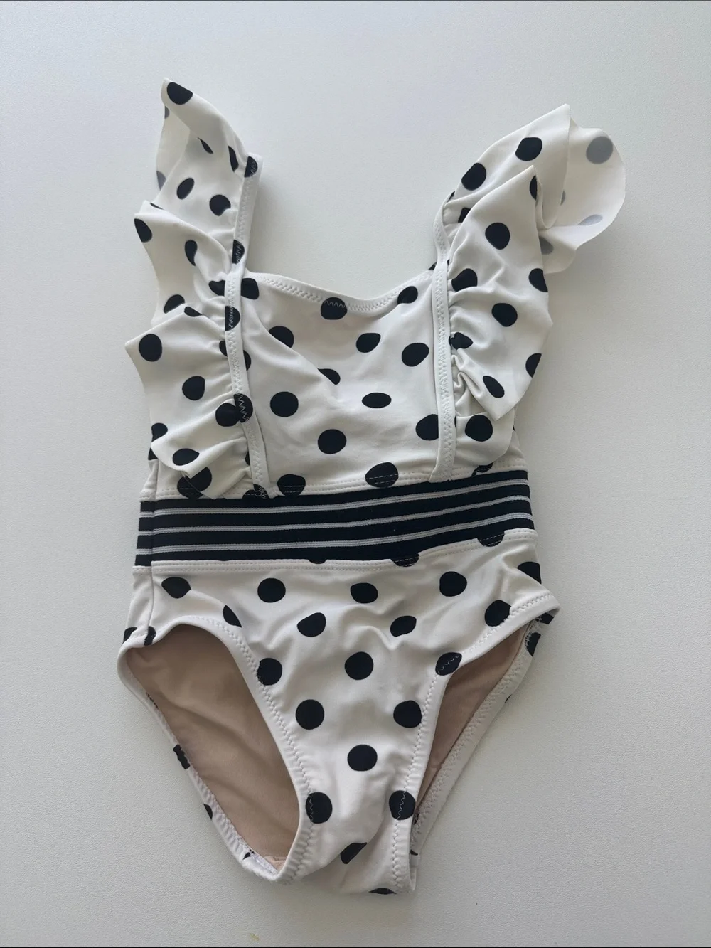 Toddler Black & White Polka Dot Ruffle One-Piece Swimsuit with Striped Waist